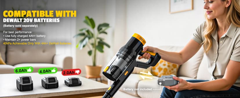 LIVOWALNY Cordless Vacuum Cleaner Compatible with DeWalt 20V Battery, 350W Brushless 40kPa Suction, 0.8L Dual Dust Cup, LED Floor Brush & 180° Flex Wand for Hardwood & Carpet (Battery Not Included)