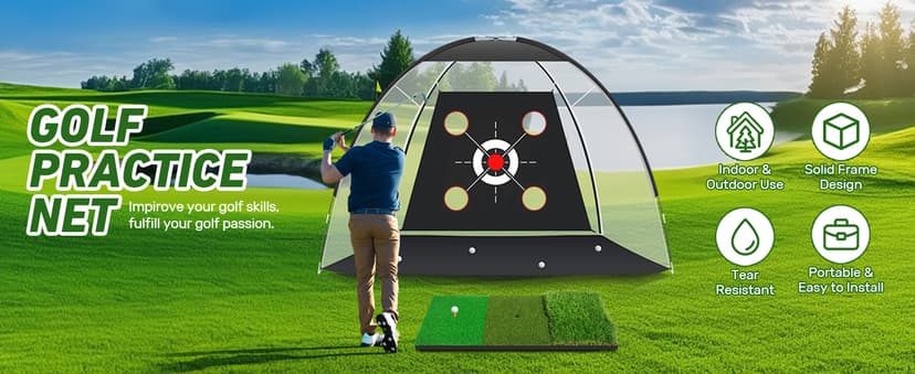 Golf Net with Practice Mat,Golf Hitting Aid Nets 10x7FT for Backyard Driving Chipping Training Swing with Target Mat Balls for Outdoor Indoor,Gifts for Men Dad Him and Golfer
