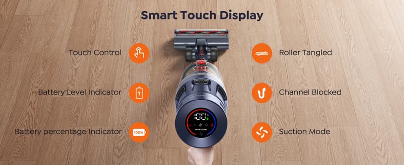 Cordless Vacuum Cleaner, 600W 50Kpa 65Mins Vacuum Cleaners for Home, Self-Standing Stick Vacuum with Touch Screen & Wall Charging Station for Hard Floor Carpet Pet