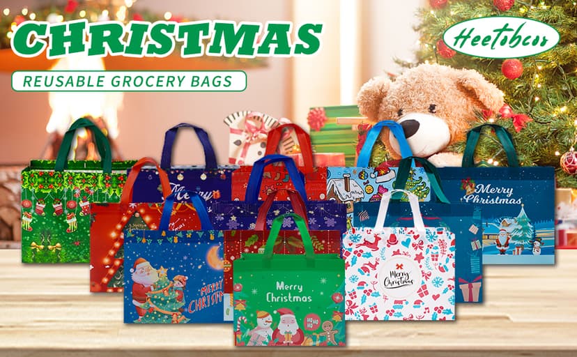 Heetobcos 12 Pack Christmas Gift Bags Large Reusable Tote Bags, Non-Wove Bags for New Year's Shopping, Christmas Surprise, Xmas Party Supplies,12.8"×9.8"×6.7"