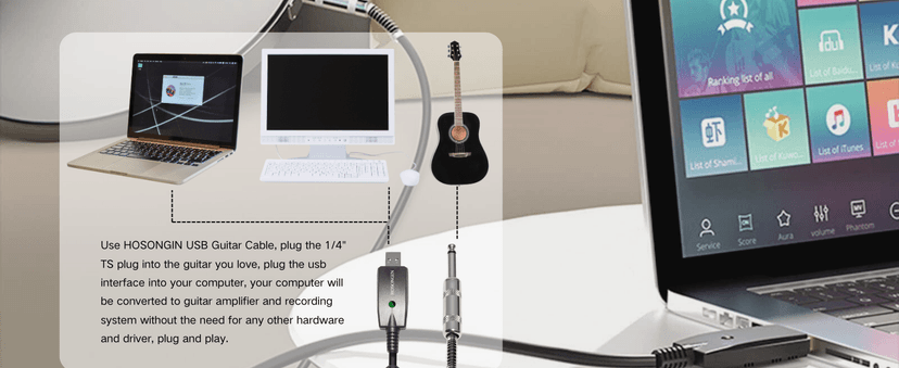 HOSONGIN USB Guitar Cable - USB Interface Male to 6.35mm 1/4" TS Mono Electric Guitar Converter Cable (10 Ft, Black)