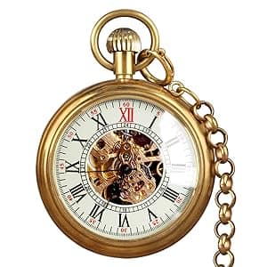 VIGOROSO Men's Vintage Full Copper Hand-Wind Mechanical Second&24hours Sub-dials Pocket Watch in Box