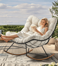 YITAHOME Rocking Papasan Chair, Wide Rocking Chair, Comfy Indoor and Outdoor Lounge Chair with Thick Cushion for Bedroom, Living Room, Patio, Porch, Garden, Deck, Lawn (Beige)