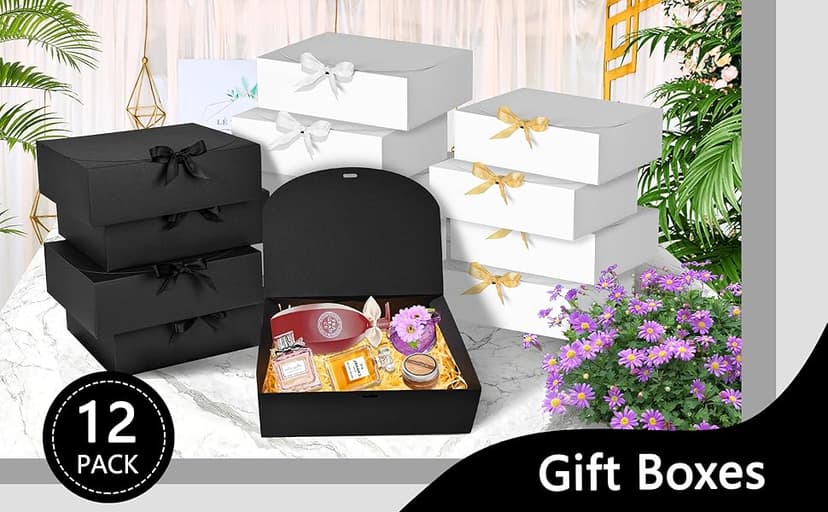 12Pack Black Gift Boxes with Lids, 12×9.8×3.1 Inch Groomsmen Proposal Box, Luxury Black Gift Box with Ribbon for Bridesmaid Box, Graduation, Christmas, Wedding, Birthday, Party
