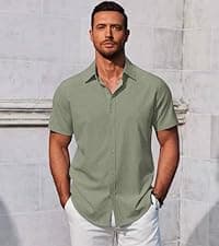 COOFANDY Men's Linen Shirts Short Sleeve Casual Shirts Button Down Shirt for Men Beach Summer Wedding Shirt