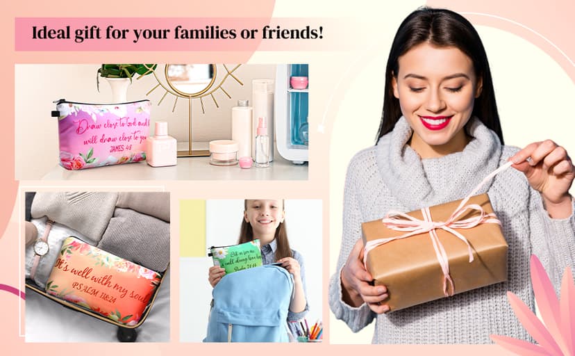 Chunful 12 Pcs Inspirational Christian Gifts Religious Makeup Bags Bulk for Women Bible Verse Flower Cosmetic Bag Thanksgiving Christmas Gift for Church Ladies, 7.48 x 4.72 Inch(Stylish)