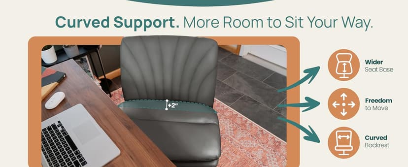 NYPOT Armless Desk Chair with Wheels for Criss Cross Sitting - Cross Legged Wide Armless Chair - Adjustable Vanity 360° Swivel Stool and 120° Rocking Wide Seat Comfy for Home and Office, Color Grey