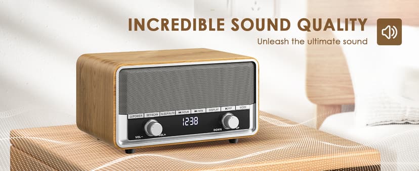 Vintage Wood AM FM Bluetooth Radio with Clock, Digital Clock Radio for Bedroom with LCD Display | 40 Presets | Sleep Timer | No Alarm, Retro Bluetooth Speaker for Office, Kitchen (Wood)