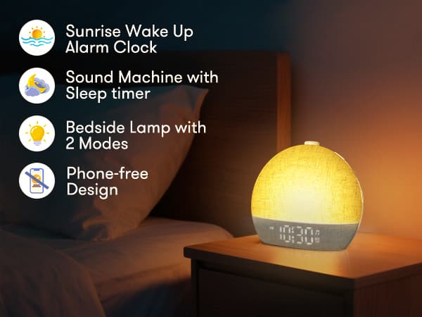 Wake Up Light Sunrise Alarm Clock, White Noise Sound Machine with 30 Soothing Sounds, Dimmable Night Lights, Sleep Aid, Snooze, Timer, Loud Alarm Clock for Heavy Sleepers Adults Kids, Ideal for Gift