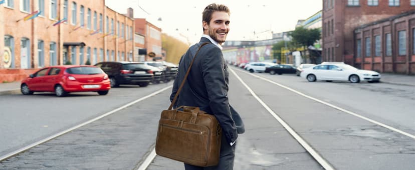 RAINSMORE Mens Laptop Bag 16 Inch Leather Briefcase Vintage Messenger Bag for Men Large Crossbody Shoulder Office Computer Bag Retro College Satchel Bag for Work, Business,Travel, Brown