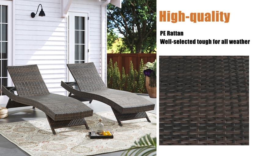 79'' Long Reclining Chaise Lounge Set (Set of 2), Outdoor Wicker Reclining Lounge Chair Patio Rattan Double Chaise Lounge Lawn Sunbathing Chairs Beach Pool Backrest Recliners (Set of 2)