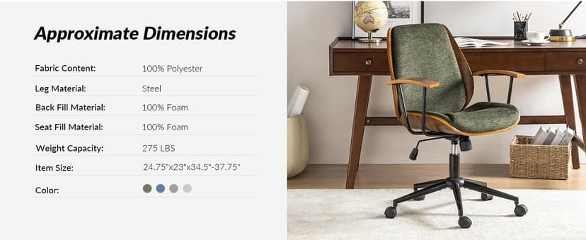 HULALA HOME Solid Wood Office Chair with Rocking Function, Comfy Fabric Desk Chair with Bent Wood and Metal Base, Height Adjustable Swivel Computer Task Chair, Green