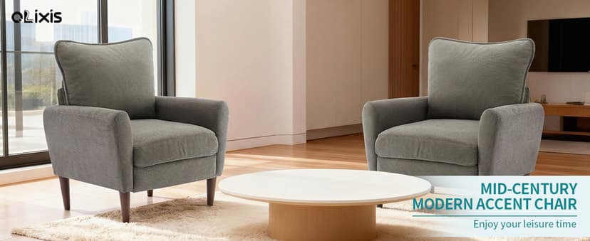 OLIXIS Comfy Accent Chair for Living Room Bedroom and Waiting Room, Upholstered Mid-Century Reading Chair with Pillow and Solid Wood Legs, Wide Singe Modern Lounge Sofa (Gray)