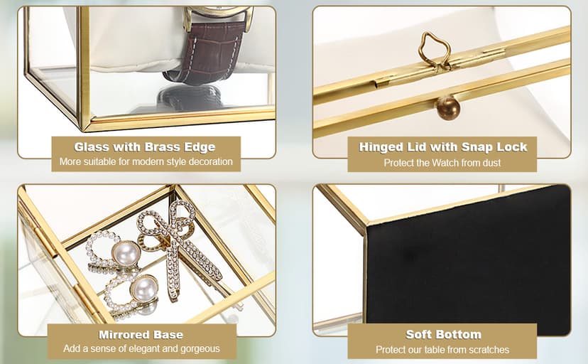 JUXYES JUXYES Clear Glass Watch Display Case with 3 Slots, Luxury Brass Glass Watch Organizer Holder Stand with White Watch Pillow, Modern Transparent Watch Collection Box for Men and Women, Gold