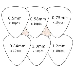 60 Pack Guitar Picks with Organizer Storage Box, 0.5 0.58 0.75 0.84 1.0 1.2mm Includes Thin Medium Heavy Thickness, Variety Colorful Celluloid Plectrums for Bass Electric Acoustic Guitars Ukulele