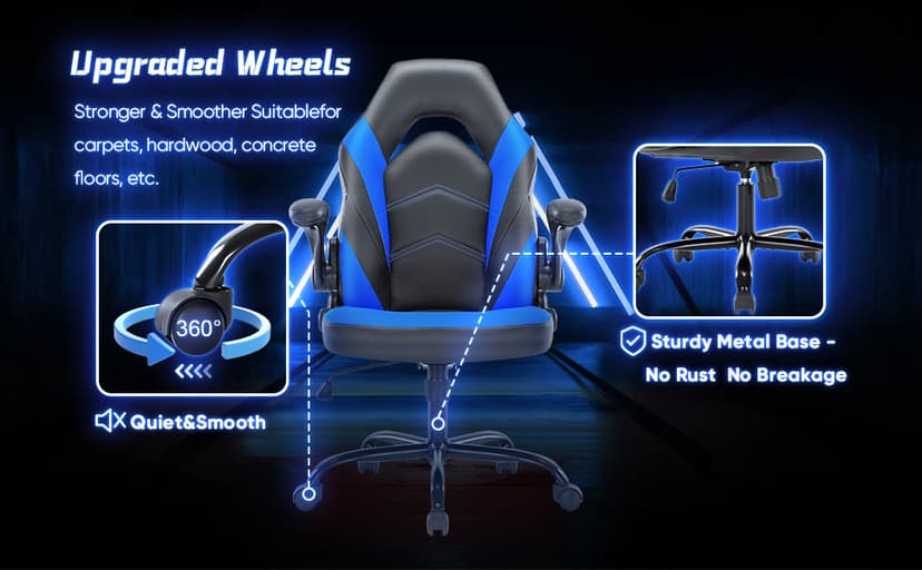 OLIXIS Computer Gaming Chair - PU Leather Ergonomic Lumbar Support with Flip-up Armrest and 360° Swivel Wheels, Height Adjustable Task Home Office Desk Video Racing, Black and Blue