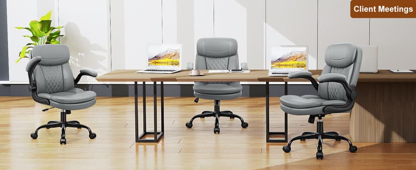 Leather Office Chair, Upgraded PU Computer Desk Chairs with Double-Layer Seat Cushion and Neckrest, 360°Swivel, Ergonomic Small Gaming Chair with Wheels and Adjustable Armrests for Short People, Grey