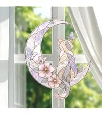 Wavy acrylic suncatcher featuring winged cat moon artwork, designed as a window hanging ornament for home décor and spaces Cat Suncatcher, Pet Memorial Gifts, Window Hanging Ornament 3 (6 Inches) B0HFW19G7L