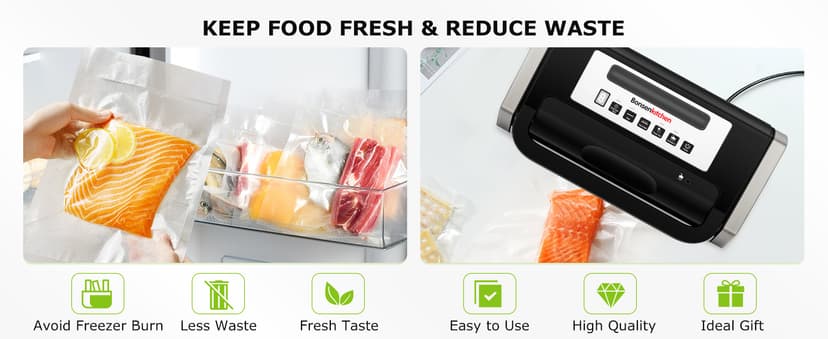 Bonsenkitchen Vacuum Sealer Machine, Globefish Technology for Perfect Vacuum Sealing, Powerful Low-Noise Food Vacuum Sealer with Easy Handle Design, Built-in Cutter & Bag Storage, 1 Bag Roll & 10 Bags