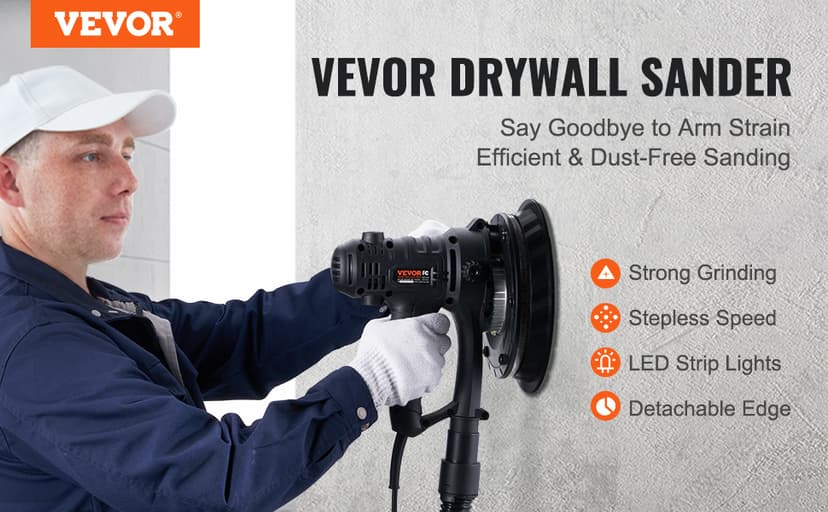 VEVOR Drywall Sander, 800W Electric Sander with 12 Sanding Discs, Variable Speed 1200-2300 RPM Wall Sander with Automatic Vacuum Dust Collection System, Double LED Lights, Dust Bag, Detachable Edge