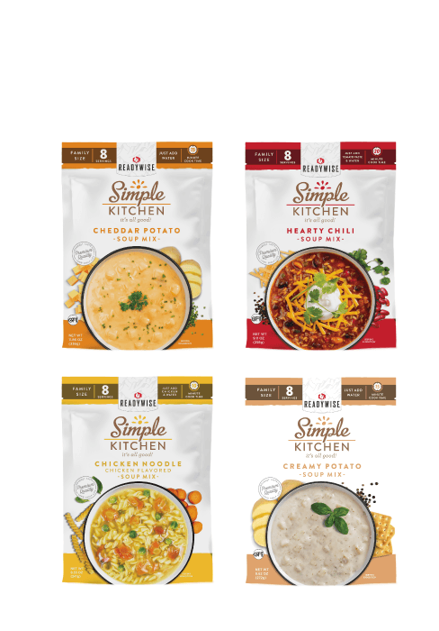 READYWISE - Simple Kitchen, Soup Favorites, Variety Pack, 8 Servings Per Pouch, Soup Mix, Family Size, MRE, Freeze Dried Food, Ready To Eat Meals, Hiking & Backpacking Food, Soup for Family, Pack of 4