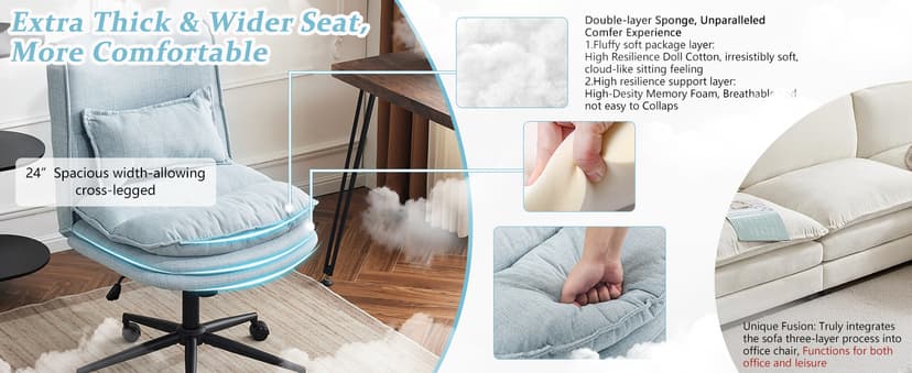 VINGLI Cloud Criss Cross Legged Chair,18" High Back Armless Home Office Desk Chair with Wheels,Wide Adjustable Comfy Padded Seat Task Computer Chair,Modern Swivel Makeup Vanity Chair,Fabric,Blue