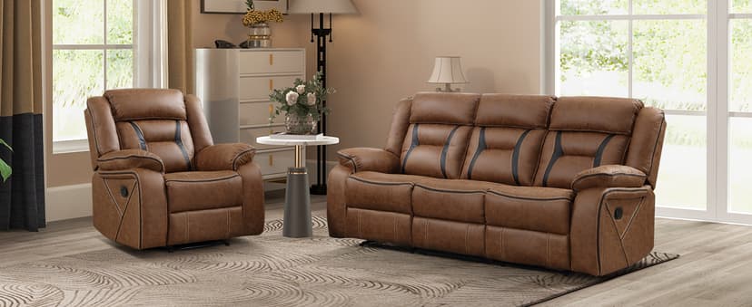 EBELLO Faux Leather Recliner Sofa Furniture Set for Living Room, Recliner Chair, Manual Loveseat, 3 Seat Recliniing Sofa Couch Set for Meeting Room, Brown