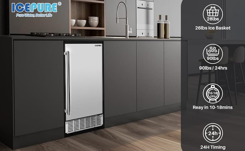 ICEPURE 15" Under Counter Ice Maker with Drain Pump, 90lbs/24H, Self-Cleaning, Smart Reminder, 24H Timer, ETL FCC, Built-in or Freestanding for Residential and Commercial, Stainless Steel