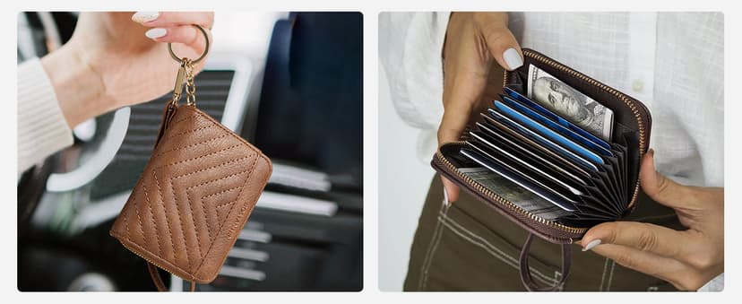 BOSTANTEN Credit Card Holder Wallet RFID Blocking Leather Small Wallet for Women Zipper Keychain Wallet with Wristlet Beige&Brown