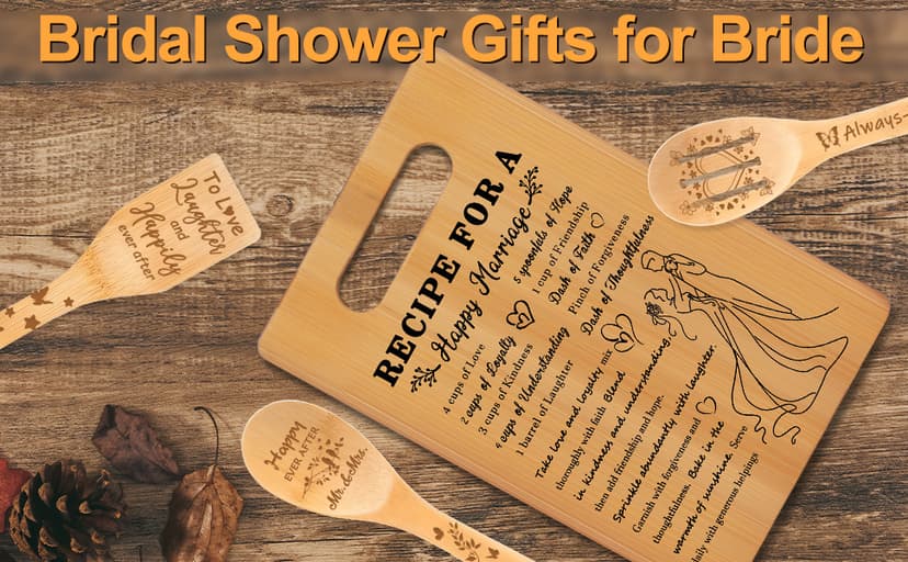 Bride to Be Gifts, Happy Marriage Wedding Cutting Board, Spoon, Shovel, Leaky Spoon and Card, Engagement Gifts for Couples Wedding Gifts for Couples 2026, Bridal Shower Gifts Cutting Board Set B0HCVGS2TF