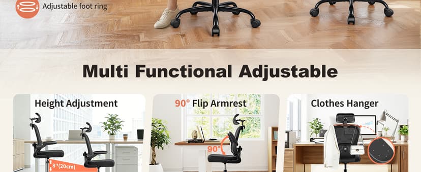 Drafting Chair, Tall Office Chair with 3D Lumbar & Head Support, Ergonomic Mesh Standing Desk Chair with Footring, Comfy Extended High Desk Chair with Flip-Up Arms & Hanger,Black