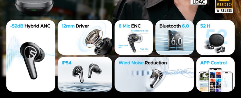 SOUNDPEATS C30 Hybrid ANC Earbuds with LDAC Hi-Res Audio, 52H Playtime -52dB Adaptive Noise Cancelling Wireless Earbuds, 6-Mic Clear Call, 12mm Driver, Bluetooth 6.0, Multi-Point, IP54 for Work/Travel