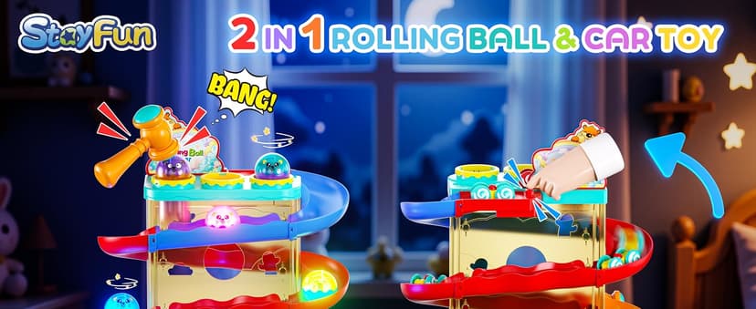 Hammer Rolling Ball, Launch and Race Car-Cause and Effect Sensory STEM Learning Toys for 1-5 Year Old Boys & Girls 2-in-1 Ball Drop & Car Ramp Race Track Montessori Toy for Toddlers Ages 1-5 B0FLDB14N8