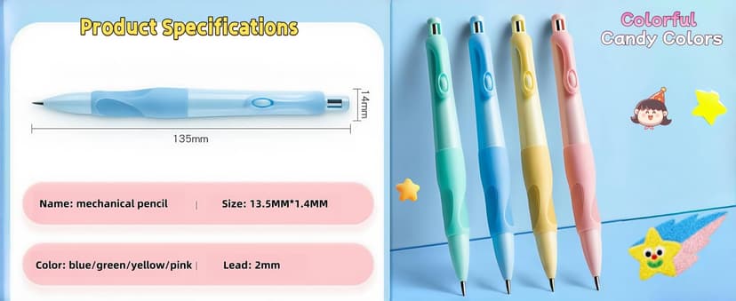 Handwriting thick mechanical pencils with grip: 2.0MM HB Pencil for kids with 14 leads (6 pack)