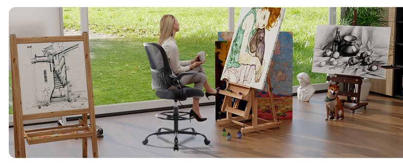 Sweetcrispy Tall Drafting Desk Chair - Ergonomic High Stool Computer with Adjustable Height and Comfy Lumbar Support, Office Rolling Counter with Flip-up Arm and Footrest, Black