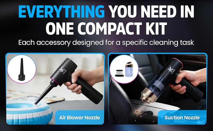 Handheld Car Vacuum Cleaner, Dual Suction 7.5K & 12k Pa, Portable Mini | Blower, Inflator, Deflator and Dustbuster for Car, Home, Kitchen & Office | Black Color