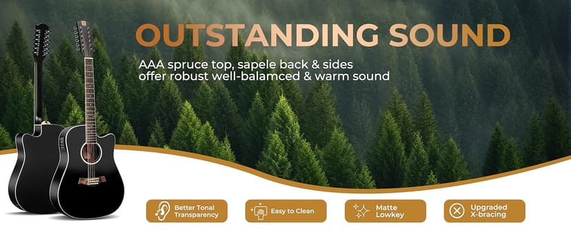 Vangoa 12 String Guitar Acoustic Electric, Upgraded Guitar 12 Strings Bundle for Beginner Intermediate Adults Teens, Guitarra de 12 Cuerdas, Spruce Top Bone Nut, Black, Matte