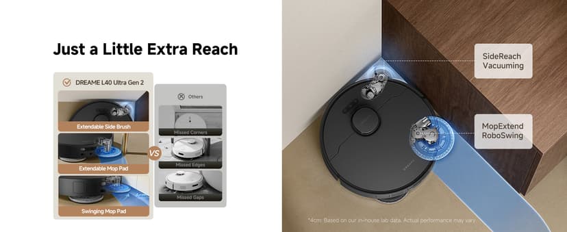 DREAME L40 Ultra Gen 2 Robot Vacuum and Mop with 25,000Pa Suction, Extendable Side Brush and Mop, All-in-One Self-Emptying & Cleaning Dock, Voice & App Control, Black
