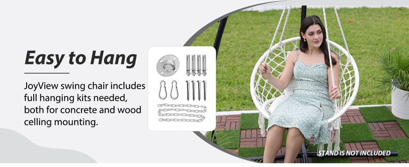 JoyView Macrame Hammock Chair Hanging Swing Chair Max 330 Lbs with 2 Cushions and Hardware Kits for Indoor Outdoor Bedroom Patio Garden - Beige