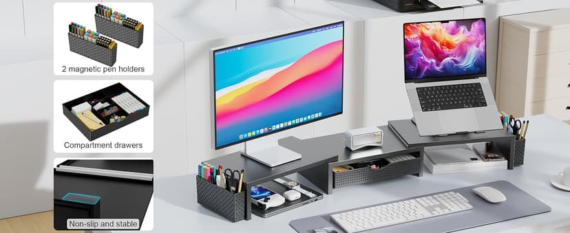 gianotter Dual Monitor Stand Riser, Desk Organizer With Drawer and 2 Pen Holders, Computer Monitor Stand, Desk Shelf for Top of Desk (Black)