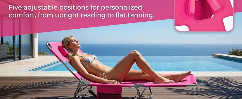 Goplus Tanning Chair, Portable Lightweight 10.5LBS Beach Lounger with Face Arm Holes, Adjustable 5-Position, 330LBS Capacity, Side Pocket, Removable Cushions, Portable Sunbathing Chair for Pool
