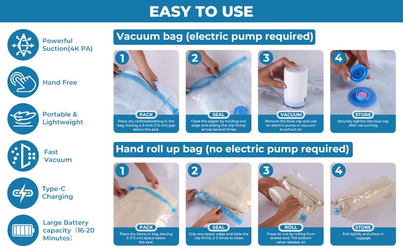 Vacuum Bags for Travel with Portable Electric Pump, 8 Pack Vacuum Seal Bags for Luggage and Suitcase Compression, Space Saver Vacuum Storage Bags for Clothes and Clothing Travel