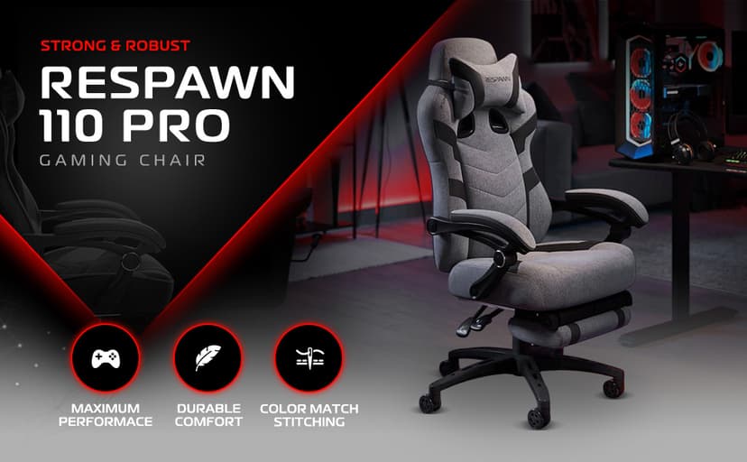 Respawn 110 Pro Ergonomic Gaming Chair with Footrest for Adults - Comfortable Office Gaming Recliner with Lumbar Support and Headrest, Racing Style Video Game Chairs for Computer Gamer - Gray Fabric