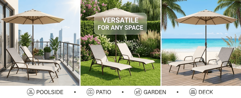 Crestlive Products Outdoor Chaise Lounge Chair,5-Position Pool Lounge Chairs with Armrests Sunbathing Recliner for Patio, Beach, Deck, Yard (2PC Beige)