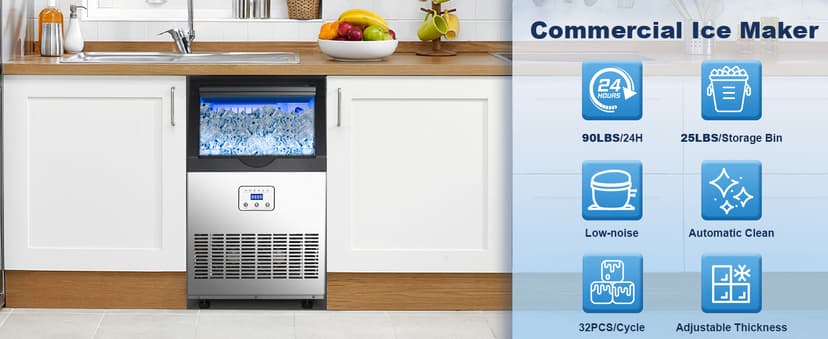 90LBS/24H Commercial Ice Maker Machine, Undercounter or Freestanding Stainless Steel Ice Machine with 25LBS Storage, 32 Cubes/Cycle, Self-Cleaning & Quiet Operation for Home, Bar, Restaurant