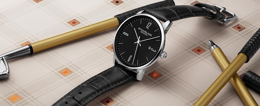 Stuhrling Original Men’s 40 mm Ultra-Slim Black Dial Dress Watch with Calfskin Leather Strap, Date Display – Minimalist Analog Wristwatch