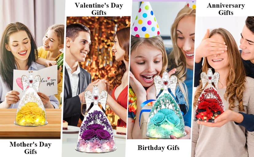 Mothers Day Rose Gifts for Women, Large Angel Figurines with Real Roses, Preserved Real Flower Rose for Her - Red