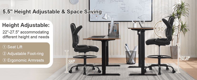 Ergonomic Drafting Chair,Tall Office Chair for Standing Desk with Flip-Up Armrests,Adjustable Foot Ring & Height, High Leather Executive Office Chair for Home,Drawing or Counter Height Use