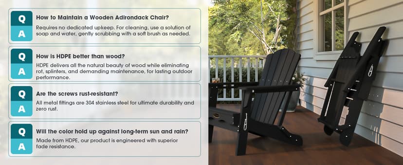 THOEOE Folding Adirondack Chair,HDPE All-Weather Outdoor Chair with Cup Holder,Wooden Textured,Fire Pit Chair,Plastic Patio Chair for Deck,Backyard,Garden,Lawn, Black