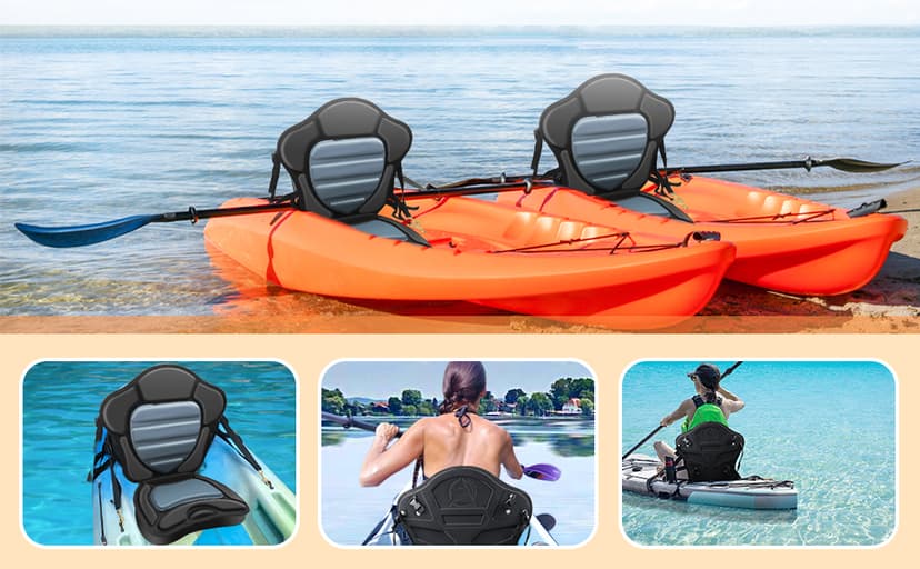 Kayak Seat Deluxe Padded Fishing Boat Seat Deluxe Sit-On-Top Canoe Seat Cushioned - Comfortable Backrest Support Universal Sit with Adjustable Back Strap Detachable Storage Bag